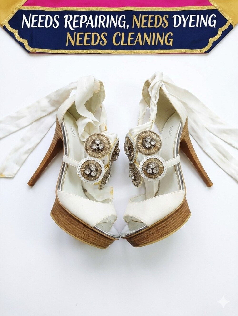 Vintage Y2K Bakers White Gerri Beaded Platform Heels 7.5 – As‑Is